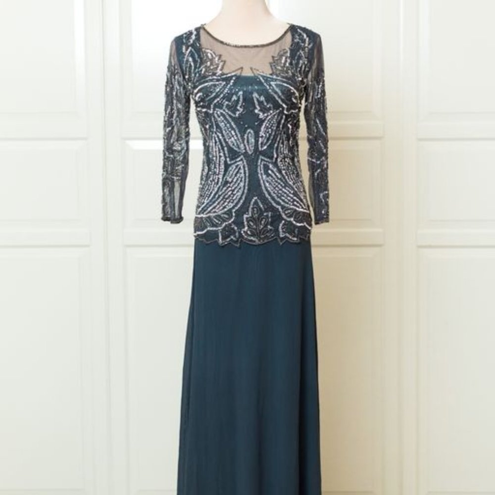 Pisarro Nights beaded long sleeved dark gray dress, size 2